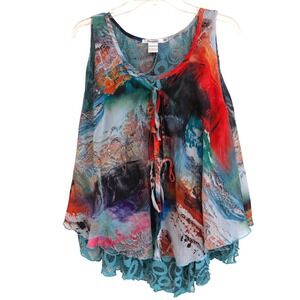 Feratelli  Bohemian Abstract Artsy Print Lace Layered TankTop Lagenlook S VTG